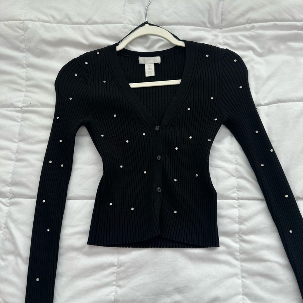 H&M Black Ribbed Rhinestone-Embellished V-Neck Cardigan